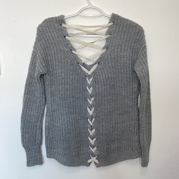 American Rag Sweaters - American Rag Lace Up Grey V Neck Sweater